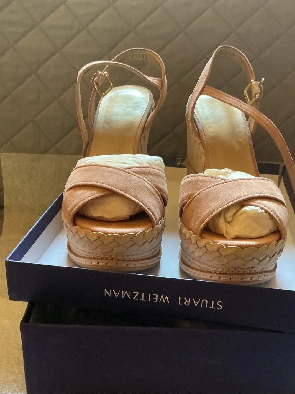New In Box! Stuart Weitzman Peach Suede Platform Wedge Sandals